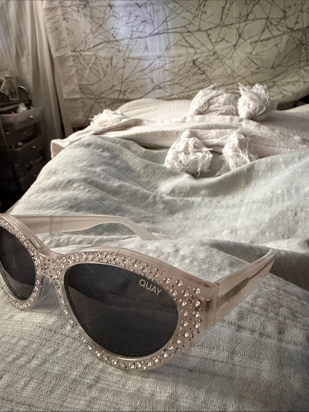 Quay Australia Crystal Embellished Clear Frame Sunglasses with Black Lenses